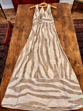 Sexy Cream & Tan Print Linen Halter Midi Dress - Open Back Summer Vacay
